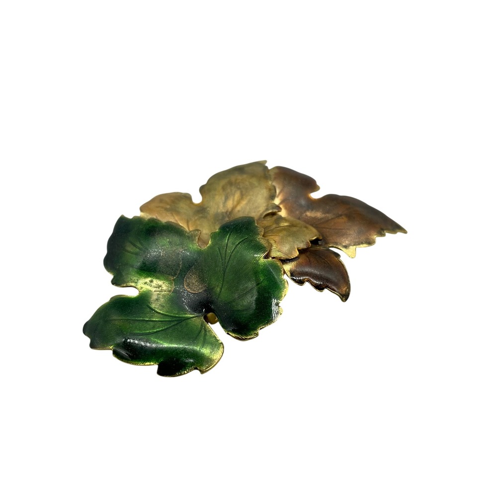 Vintage Gold Tone Enamel Maple Leaf Brooch Green Yellow Bronze Autumn Pin